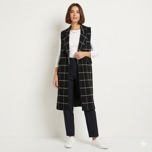 Anthropologie Windowpane Longline Vest Black White Grid Fuzzy Duster One Size